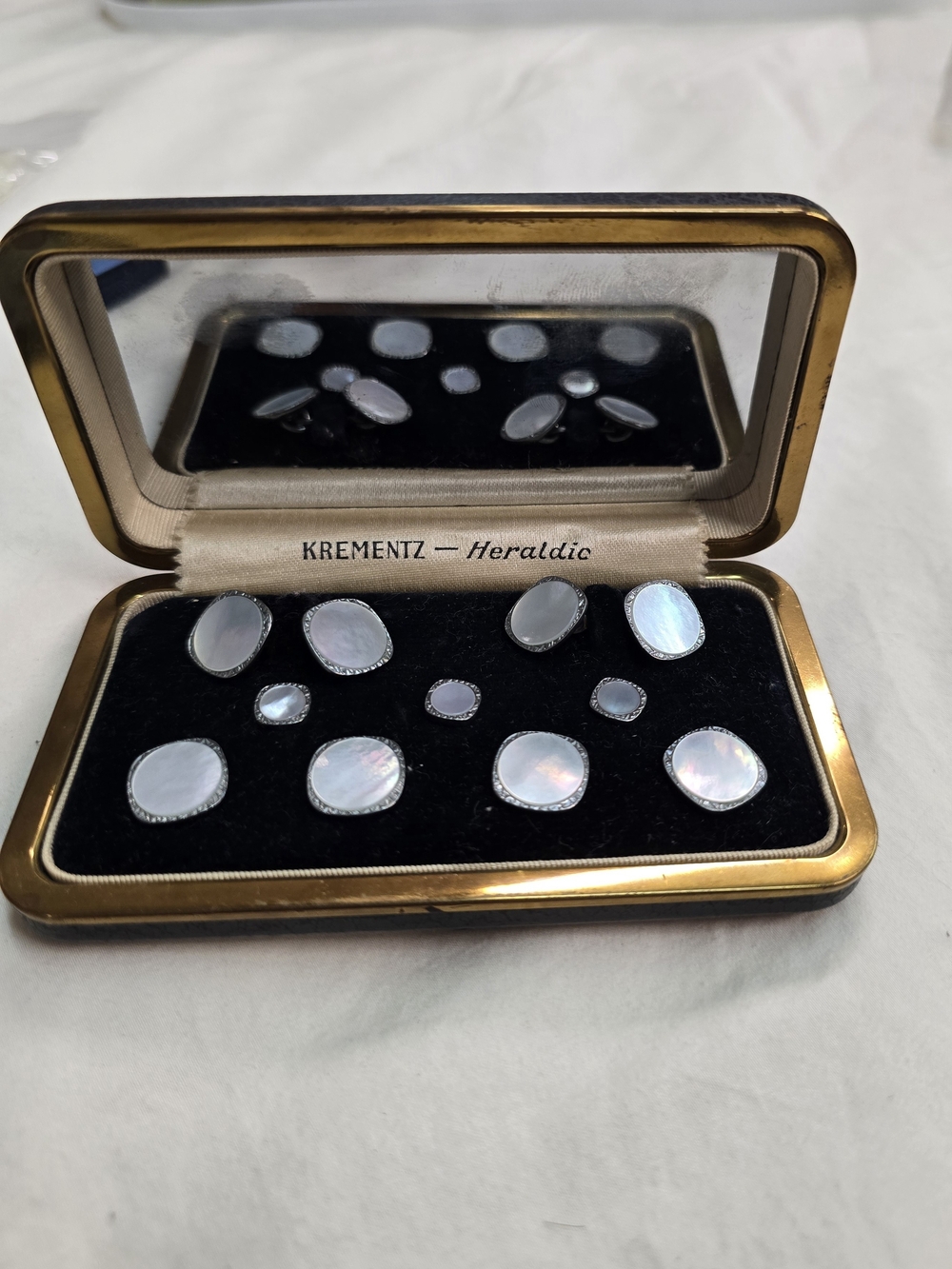 Vintage 1920's Krementz Heraldic Mother-of-Pearl Cufflink and Stud Set